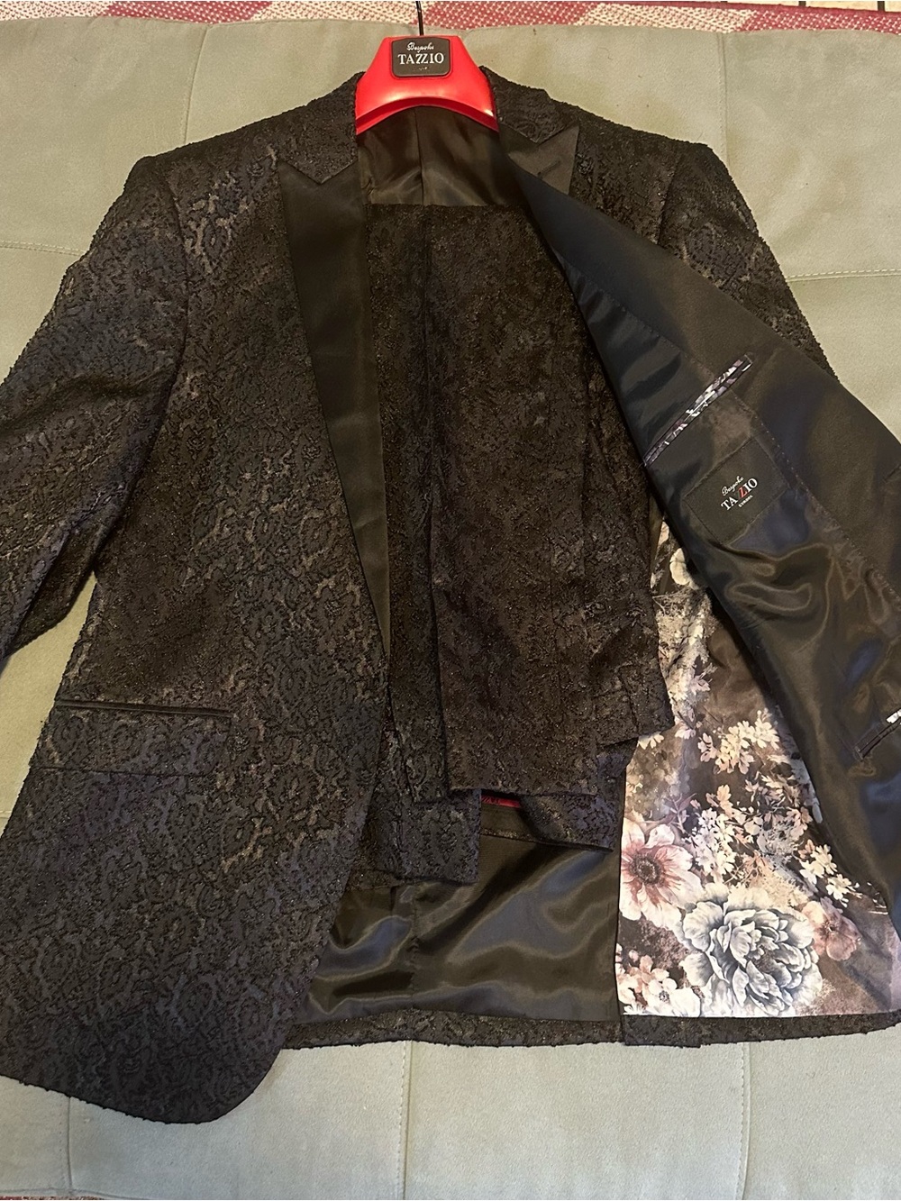 Black Floral-Trim Brocade Suit